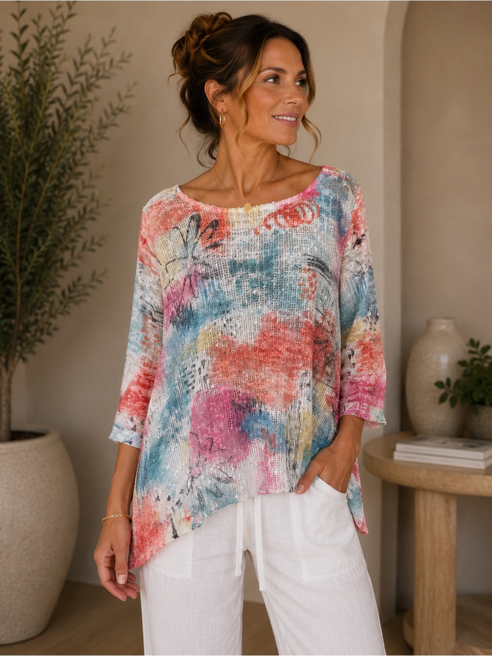 Ali Miles XL Colorful Mesh Knit Art Top Floral Abstract Tunic Lightweight Boho